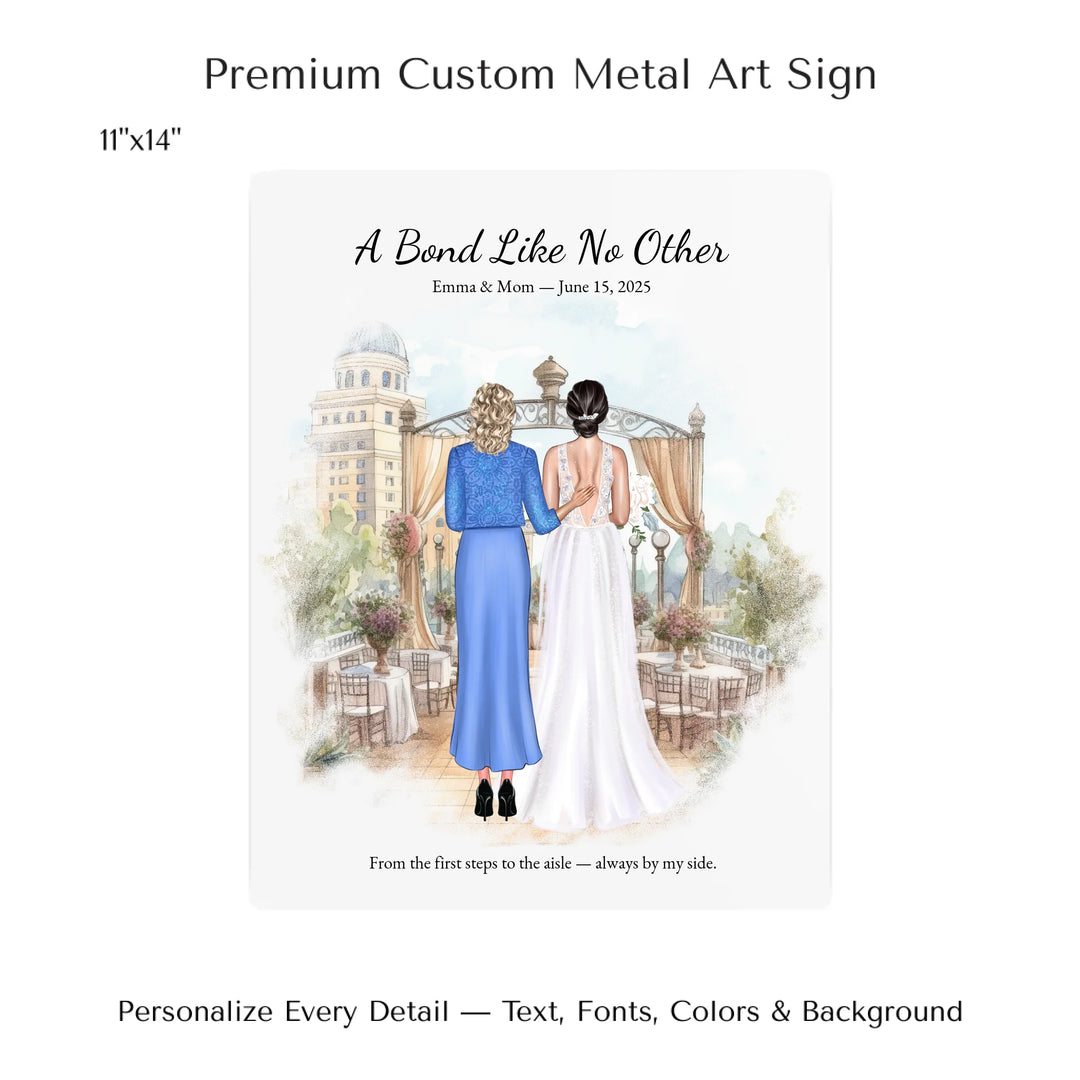 Custom wedding portrait of a bride and her mother standing together, with personalized outfits, hairstyles, and watercolor background - 11x14 metal art sign-ARTFULANE