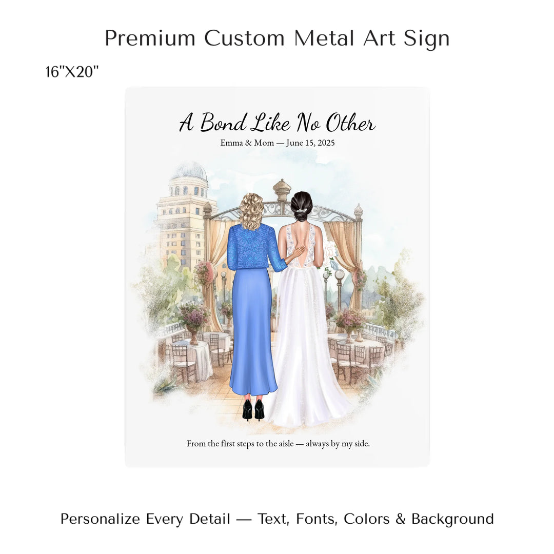 Custom wedding portrait of a bride and her mother standing together, with personalized outfits, hairstyles, and watercolor background - 16x20 metal art sign-ARTFULANE