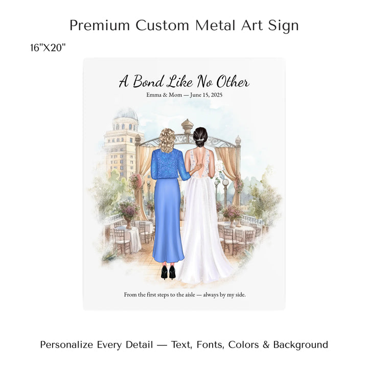Custom wedding portrait of a bride and her mother standing together, with personalized outfits, hairstyles, and watercolor background - 16x20 metal art sign-ARTFULANE