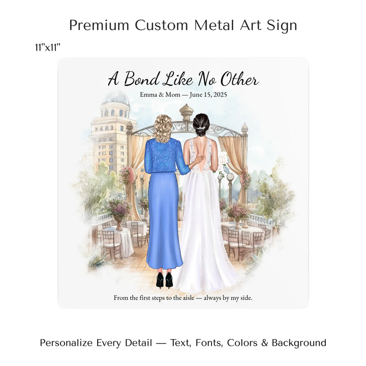 Custom wedding portrait of a bride and her mother standing together, with personalized outfits, hairstyles, and watercolor background - 11x11 metal art sign-ARTFULANE