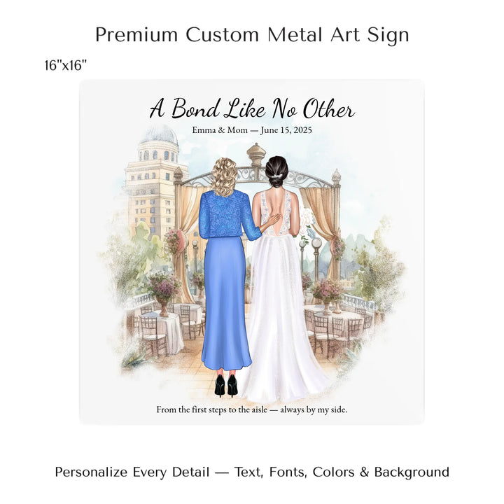 Custom wedding portrait of a bride and her mother standing together, with personalized outfits, hairstyles, and watercolor background - 16x16 metal art sign-ARTFULANE