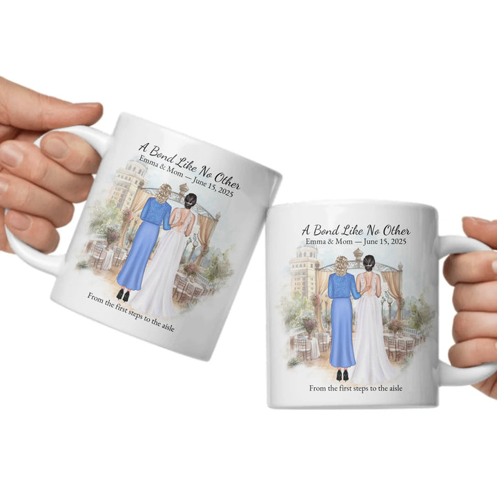 Personalized mother of the bride mug with custom illustration, names, date, and heartfelt quote – perfect wedding gift - ceramic mugs both sides in hands-ARTFULANE