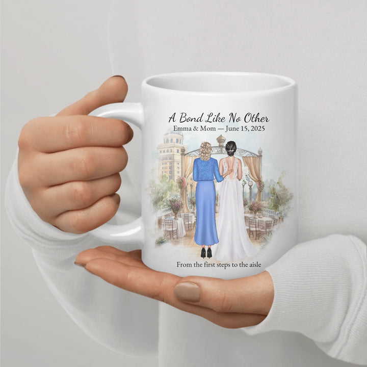 Personalized mother of the bride mug with custom illustration, names, date, and heartfelt quote – perfect wedding gift - ceramic mug in hand-ARTFULANE