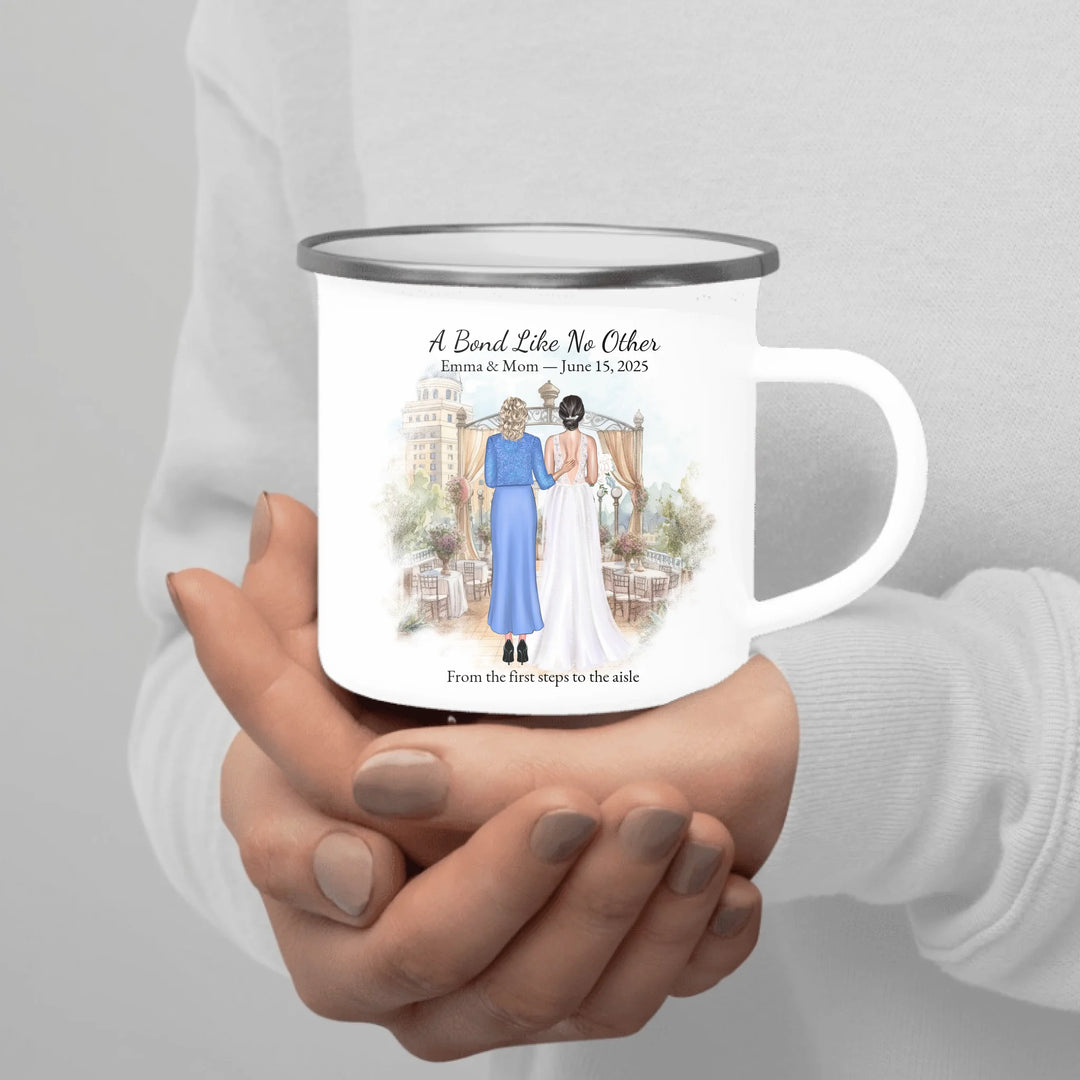 Personalized mother of the bride mug with custom illustration, names, date, and heartfelt quote – perfect wedding gift - enamel camping mug in hand-ARTFULANE