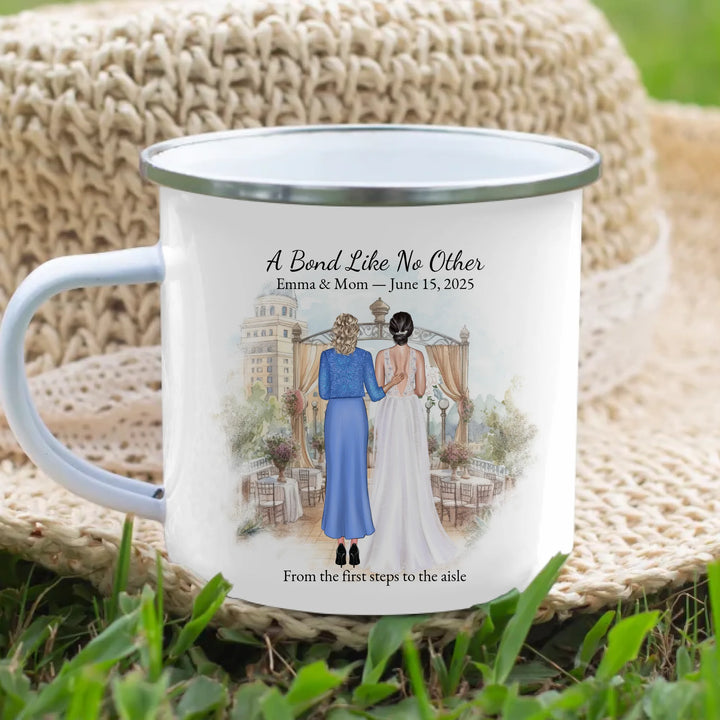 Personalized mother of the bride mug with custom illustration, names, date, and heartfelt quote – perfect wedding gift - enamel camping mug lifestyle-ARTFULANE