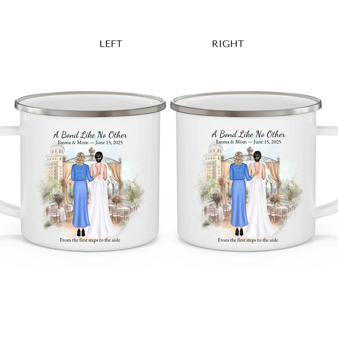 Personalized mother of the bride mug with custom illustration, names, date, and heartfelt quote – perfect wedding gift - enamel camping mug 2 views-ARTFULANE