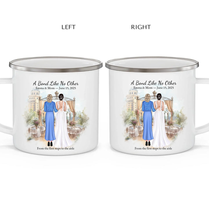 Personalized mother of the bride mug with custom illustration, names, date, and heartfelt quote – perfect wedding gift - enamel camping mug 2 views-ARTFULANE