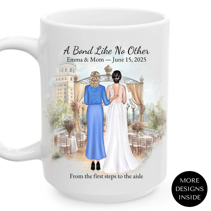 Personalized mother of the bride ceramic mug with custom illustration, names, date, and heartfelt quote – perfect wedding gift -ARTFULANE