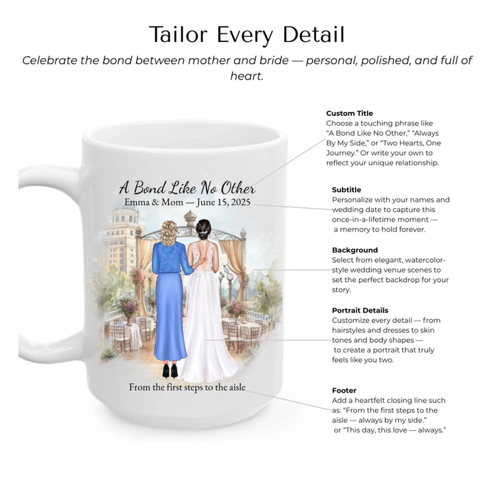 Personalized mother of the bride mug with custom illustration, names, date, and heartfelt quote – perfect wedding gift - Mug Customization Options-ARTFULANE