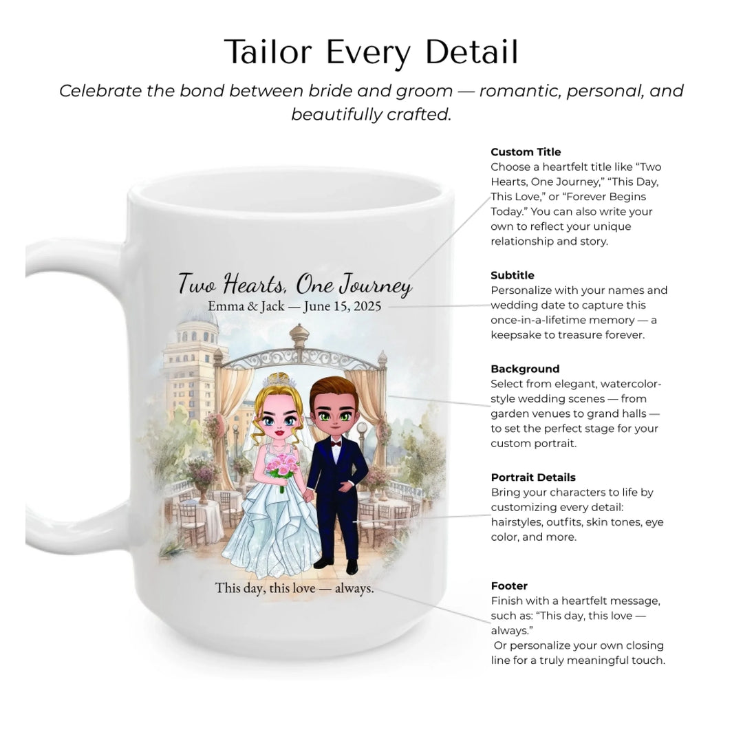 Personalized bride and groom wedding mug with custom cartoon portrait, names, date, and romantic quote – perfect gift -Mug Customization Options-ARTFULANE