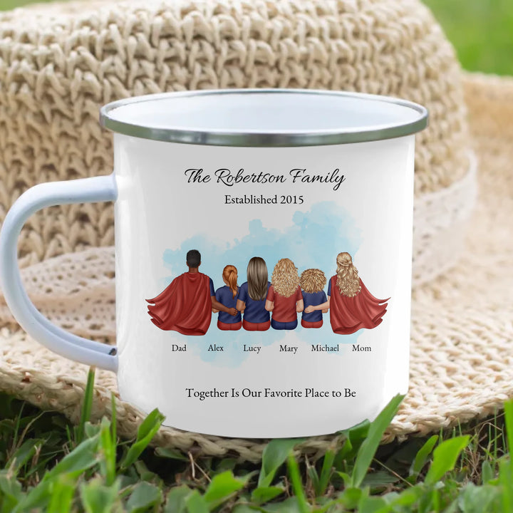 Personalized superhero family mug with matching outfits and names, seated back view -enamel camping mug lifestyle-ARTFULANE