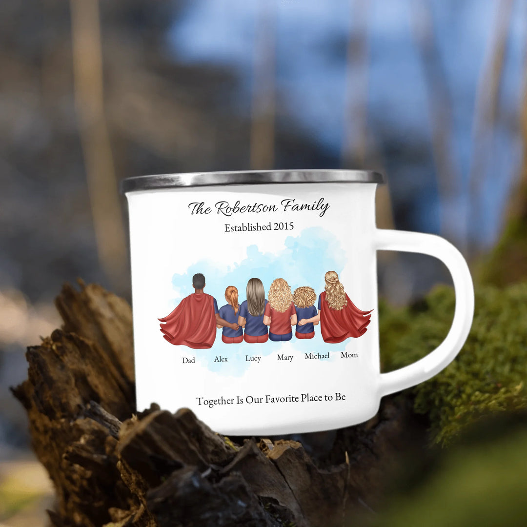 Personalized superhero family mug with matching outfits and names, seated back view - enamel camping mug outdoors-ARTFULANE