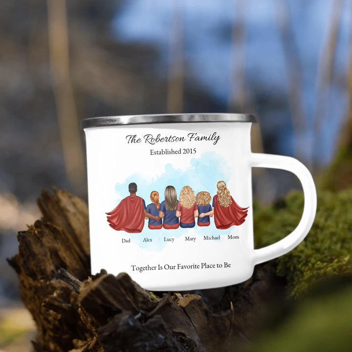 Personalized superhero family mug with matching outfits and names, seated back view - enamel camping mug outdoors-ARTFULANE