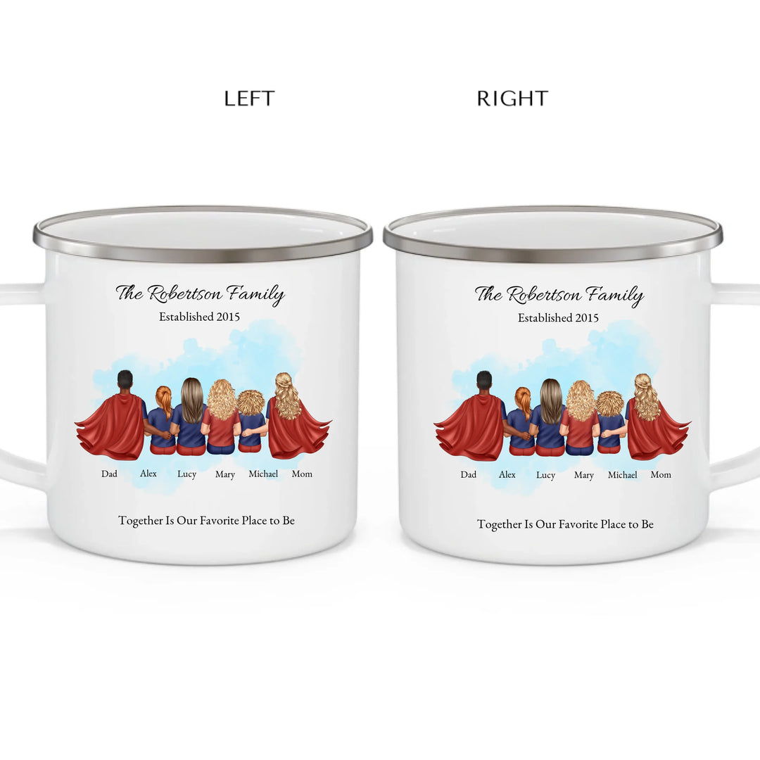 Personalized superhero family mug with matching outfits and names, seated back view -enamel camping mug 2 views-ARTFULANE