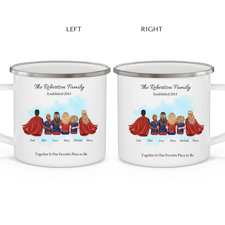Personalized superhero family mug with matching outfits and names, seated back view -enamel camping mug 2 views-ARTFULANE