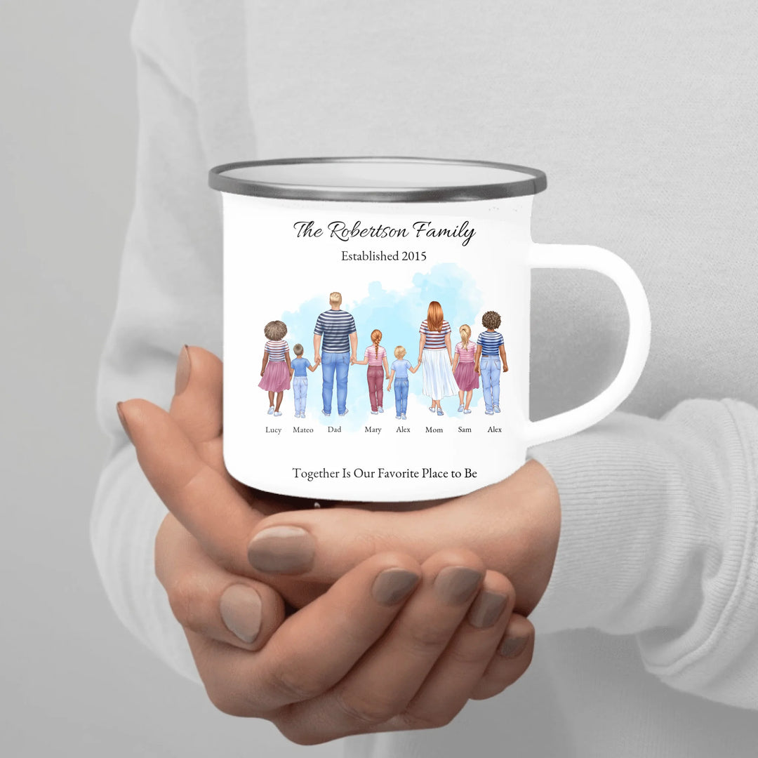 Personalized standing family portrait mug with names and watercolor background -enamel camping mug in hand-ARTFULANE