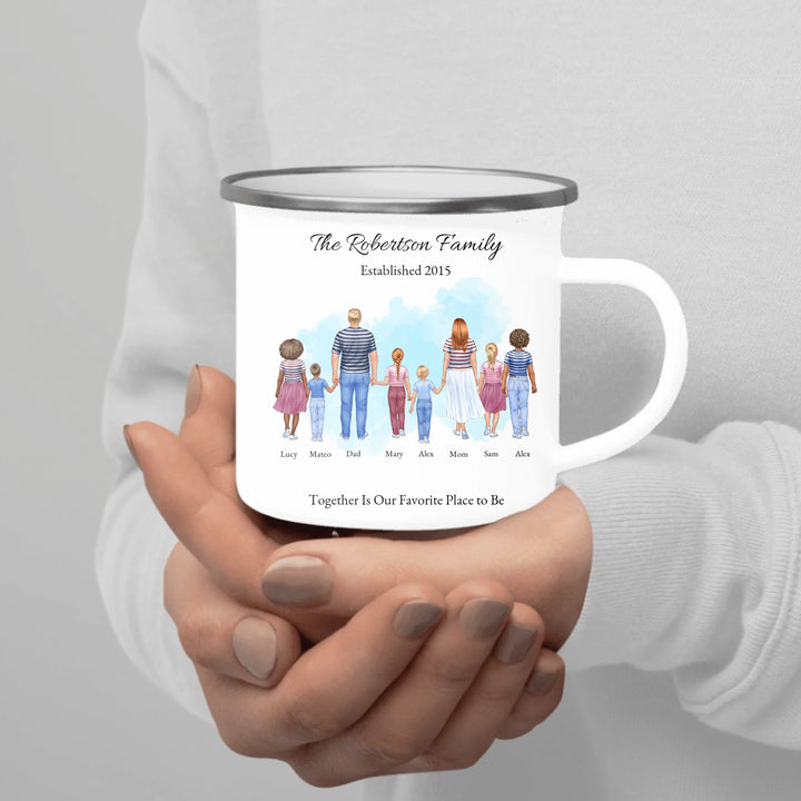 Personalized standing family portrait mug with names and watercolor background -enamel camping mug in hand-ARTFULANE