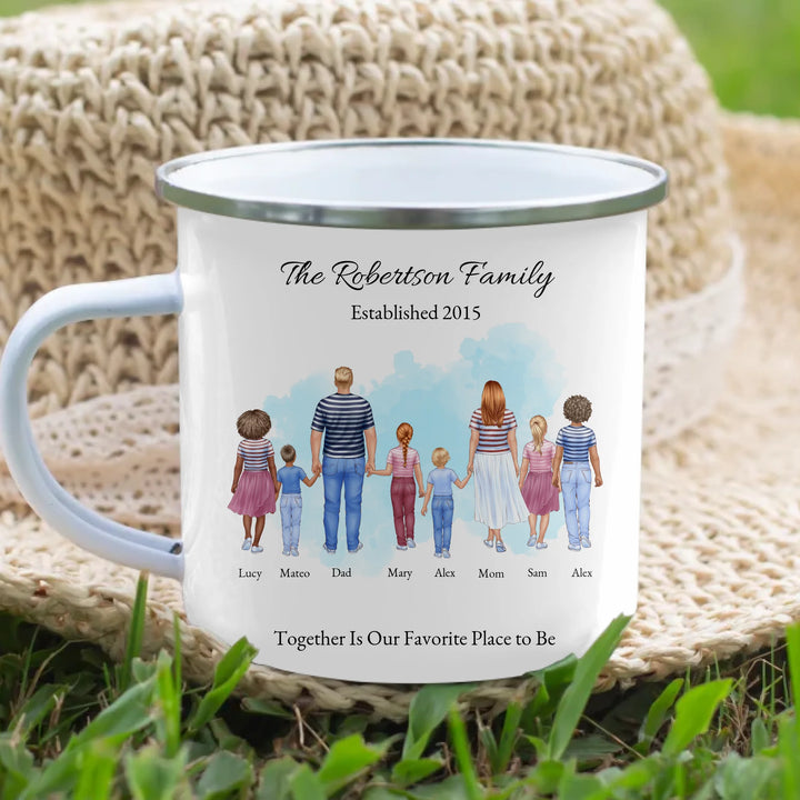 Personalized standing family portrait mug with names and watercolor background -enamel camping mug lifestyle-ARTFULANE