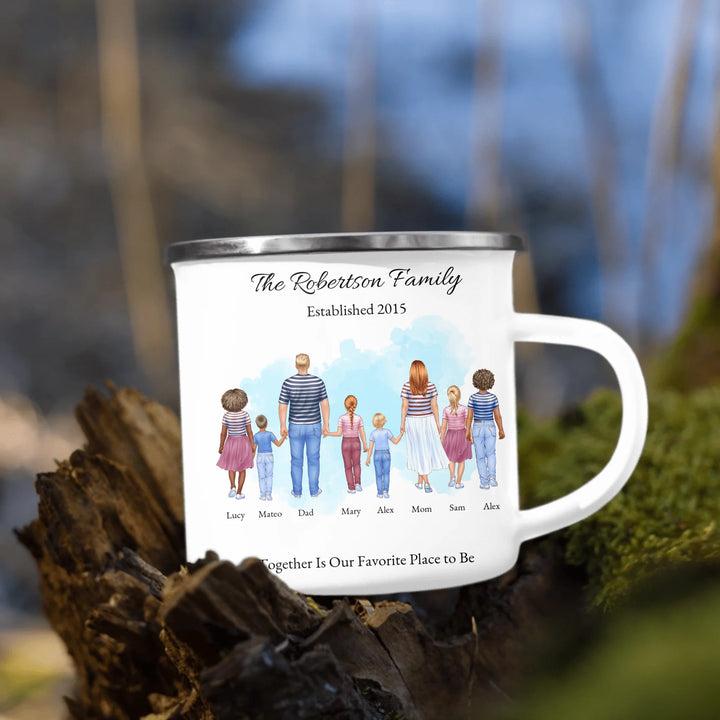 Personalized standing family portrait mug with names and watercolor background - enamel camping mug outdoors-ARTFULANE