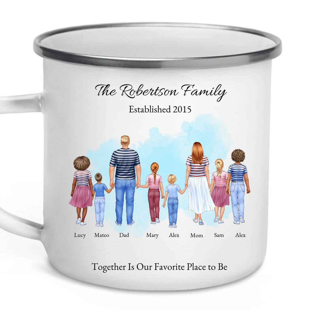 Personalized standing family portrait mug with names and watercolor background -enamel camping mug-ARTFULANE
