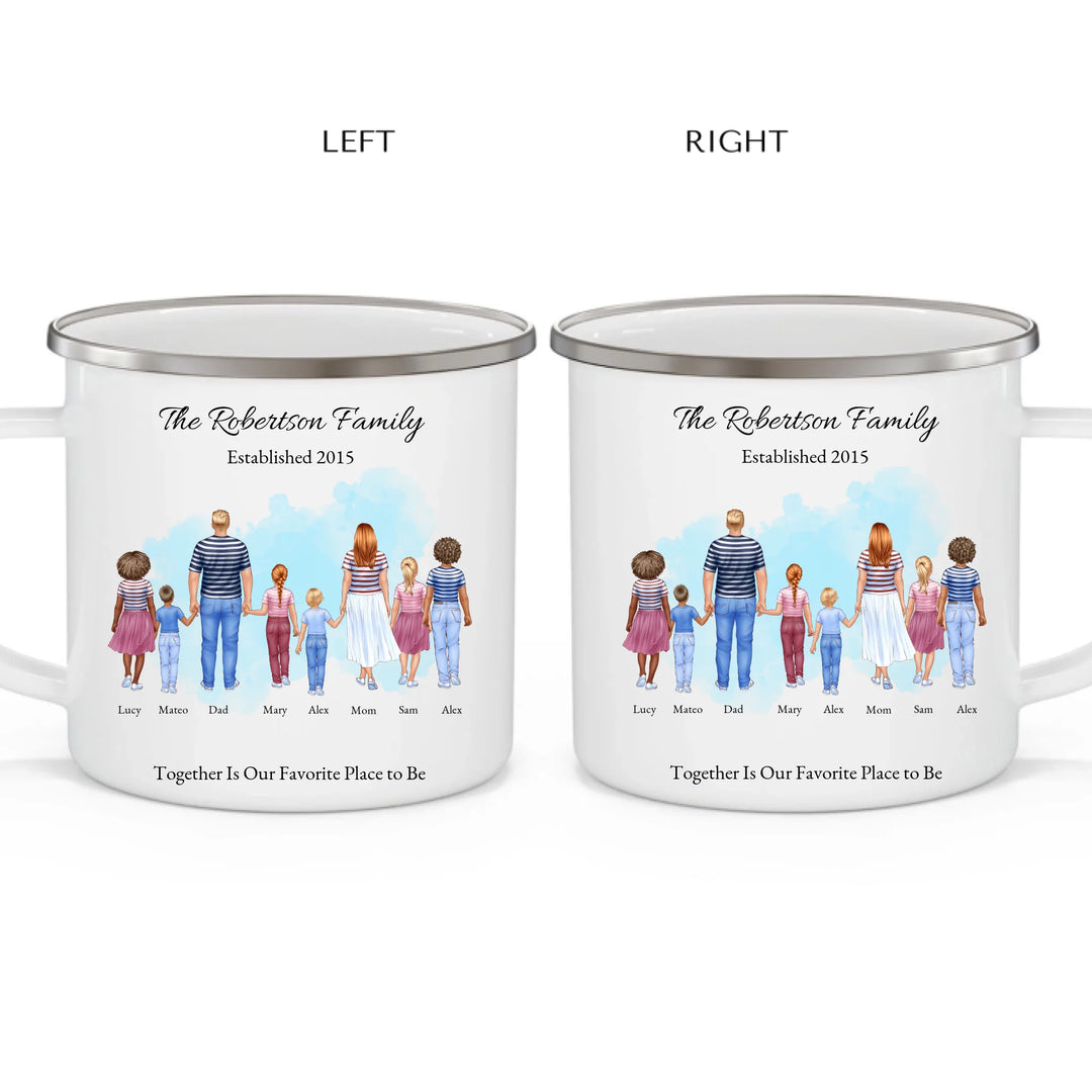 Personalized standing family portrait mug with names and watercolor background -enamel camping mug 2 views-ARTFULANE