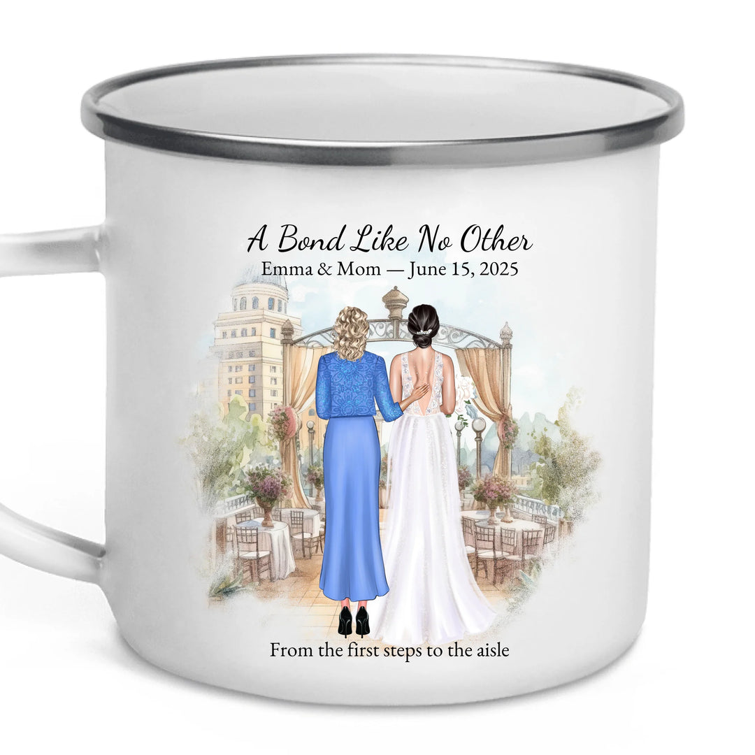 Personalized mother of the bride mug with custom illustration, names, date, and heartfelt quote – perfect wedding gift - enamel camping mug-ARTFULANE