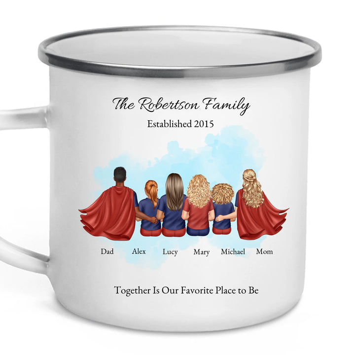 Personalized superhero family mug with matching outfits and names, seated back view -enamel camping mug-ARTFULANE