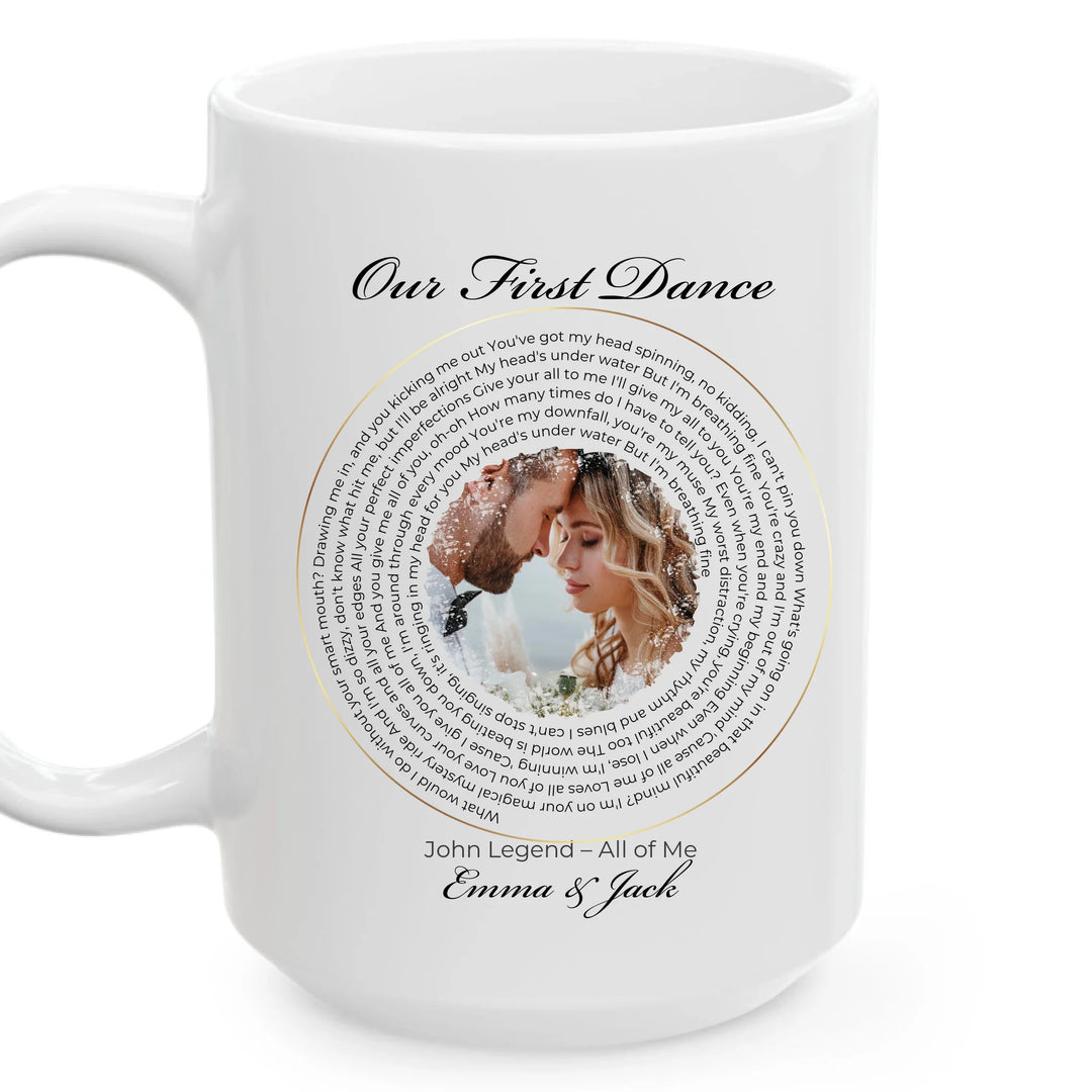 Custom song lyrics photo mug featuring circular text design and couple's picture – personalized gift for music lovers, couples, or anniversaries - ARTFULANE