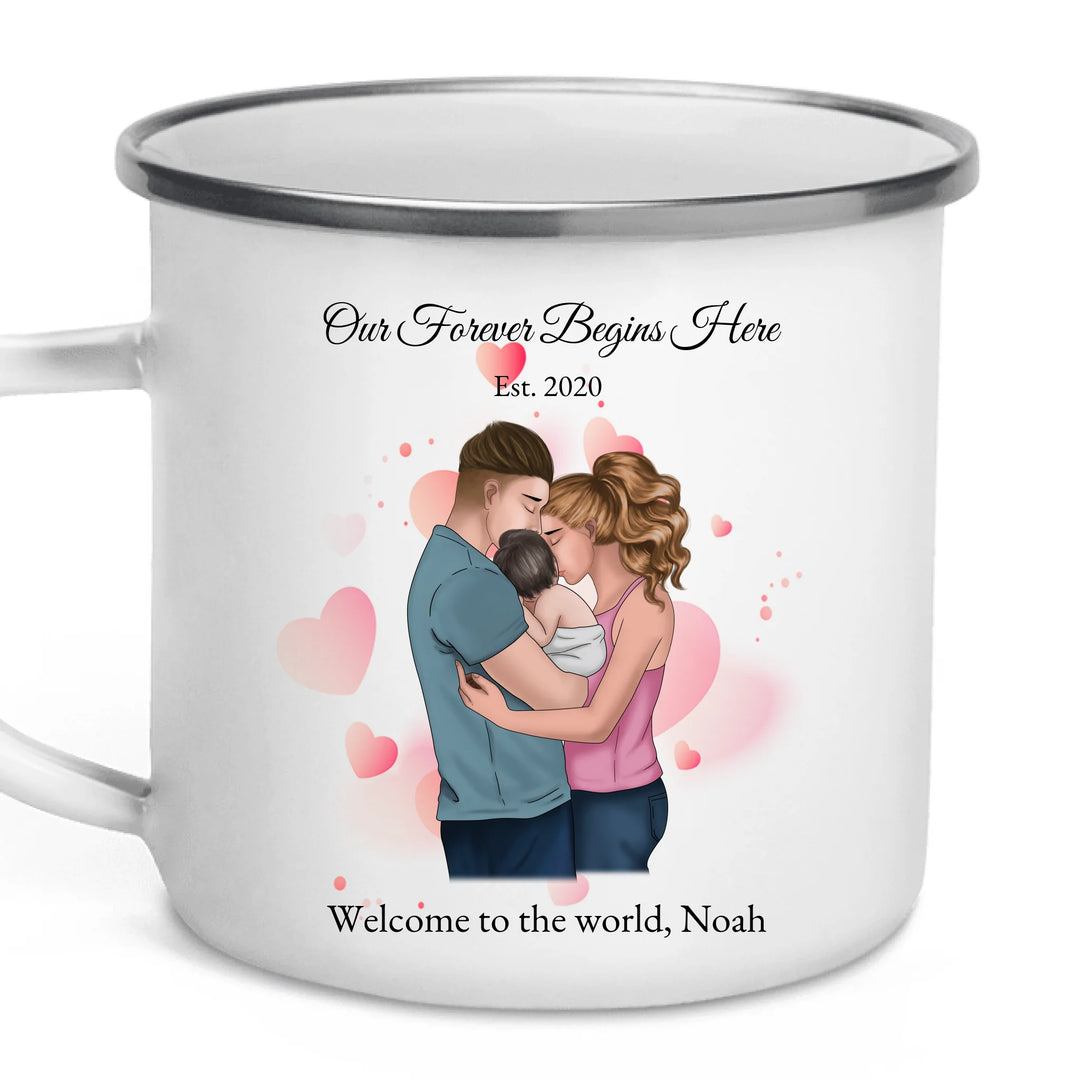 Custom family mug with illustrated parents and baby portrait - enamel camping mug-ARTFULANE