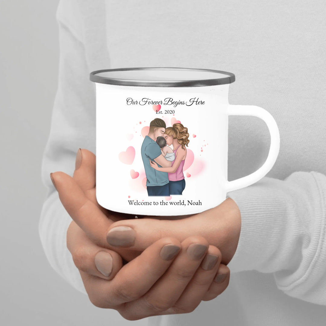 Custom family mug with illustrated parents and baby portrait -enamel camping mug in hand-ARTFULANE
