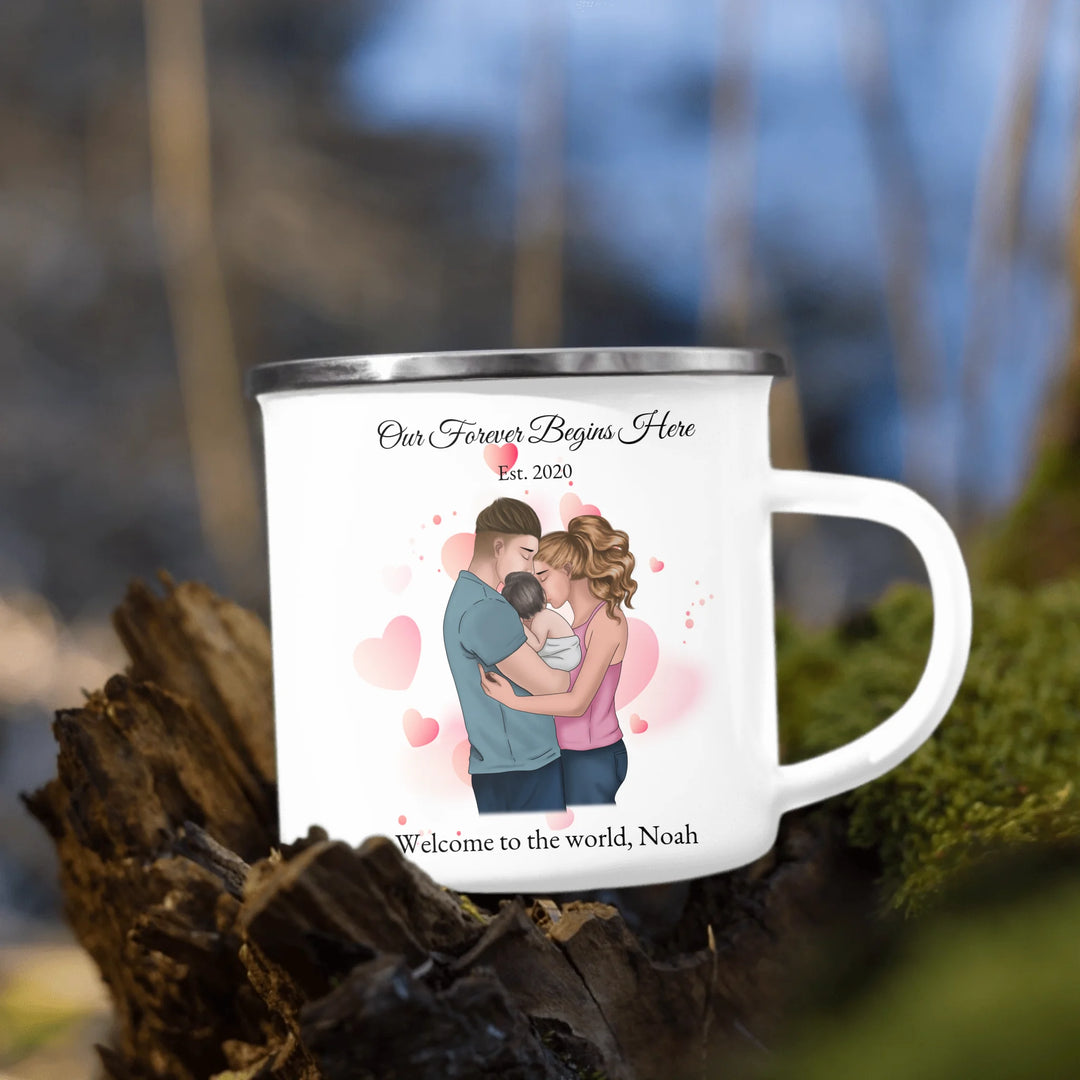 Custom family mug with illustrated parents and baby portrait -enamel camping mug outdoors-ARTFULANE
