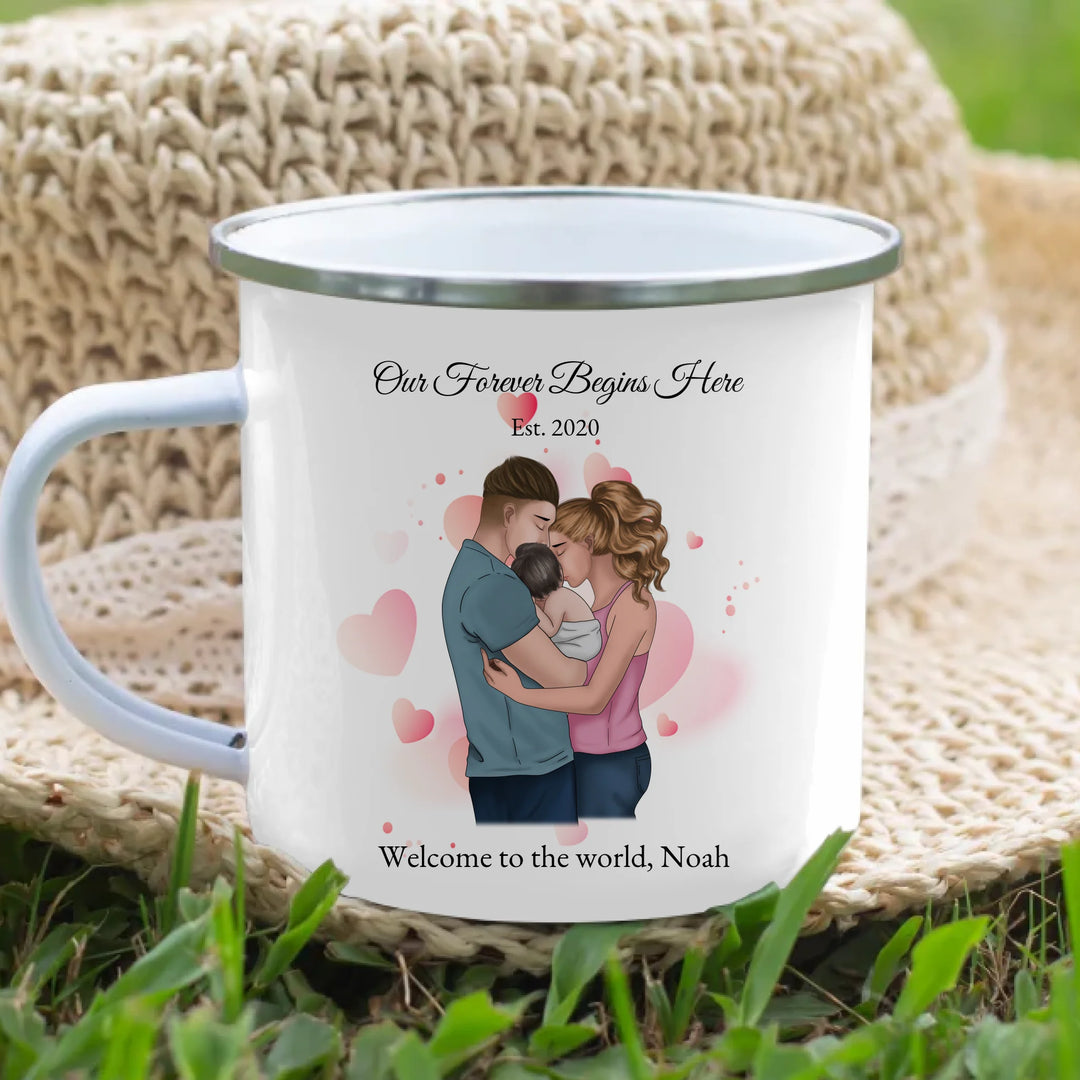 Custom family mug with illustrated parents and baby portrait -enamel camping mug lifestyle-ARTFULANE