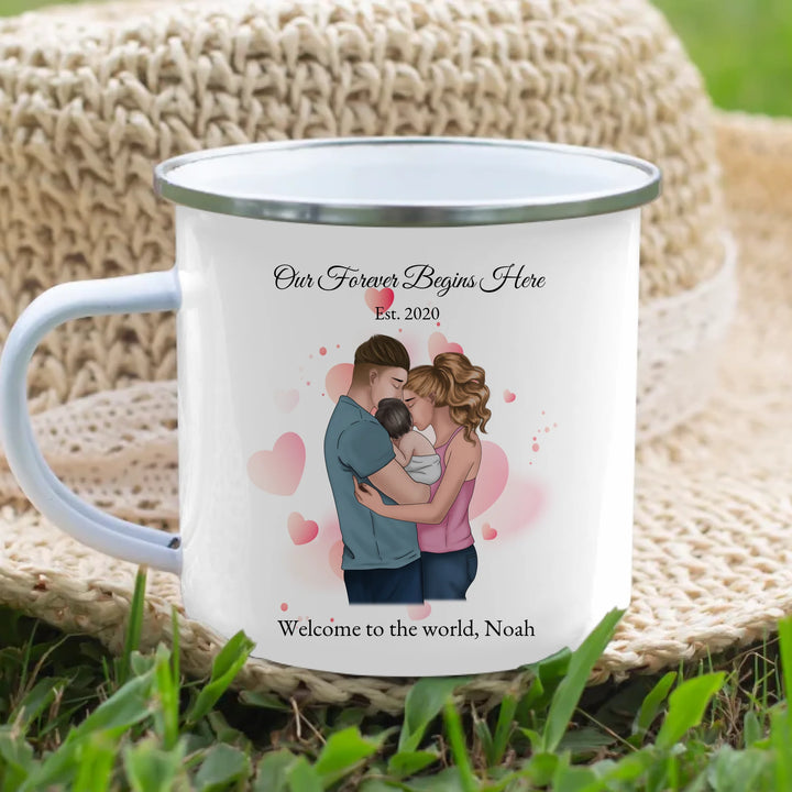 Custom family mug with illustrated parents and baby portrait -enamel camping mug lifestyle-ARTFULANE