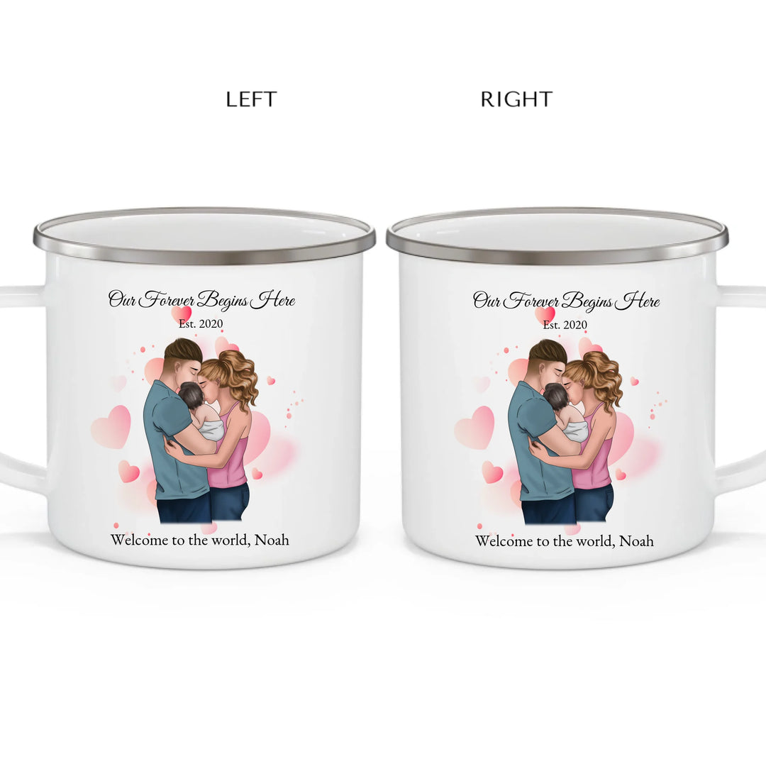 Custom family mug with illustrated parents and baby portrait -enamel camping mug 2 views-ARTFULANE