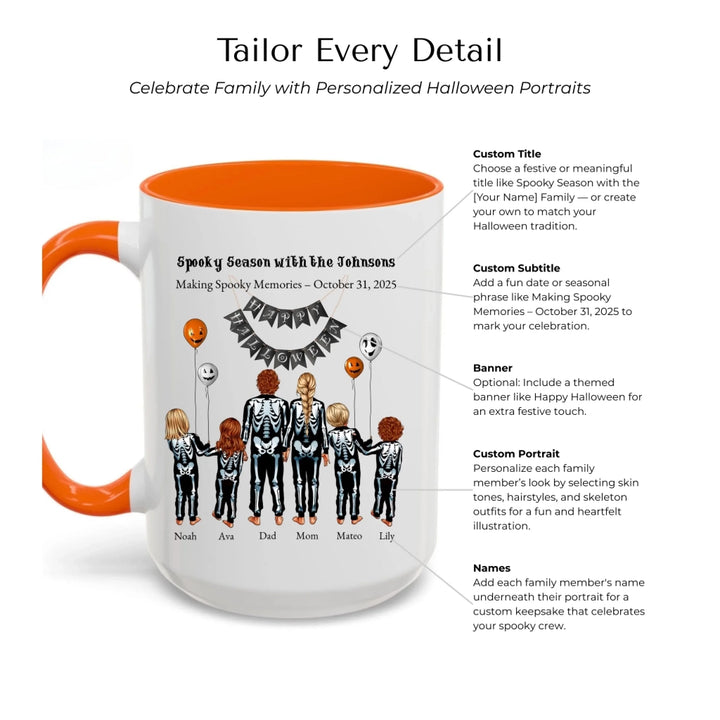 Custom Halloween mug with skeleton family portraits and names -Mug Customization Options-ARTFULANE