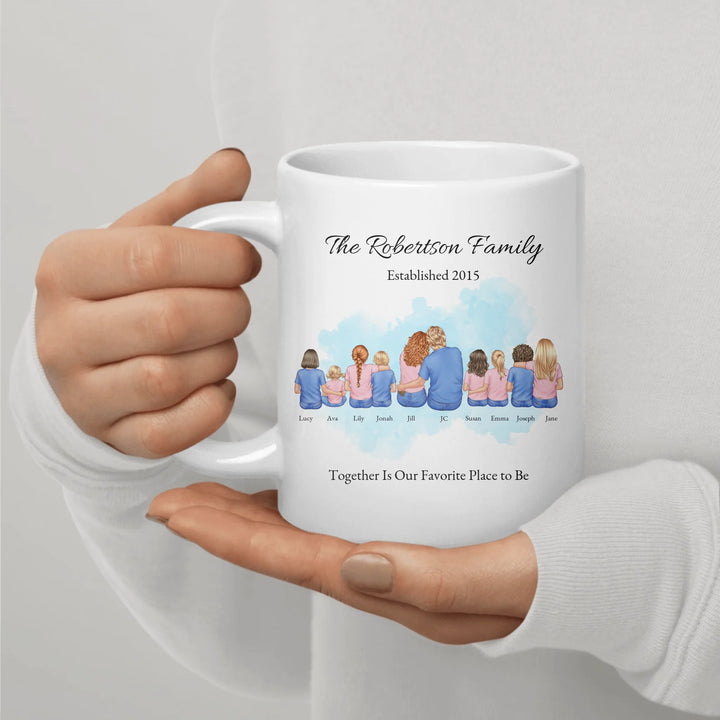 Custom family mug with illustrated portrait and names-ceramic mug in hand-ARTFULANE