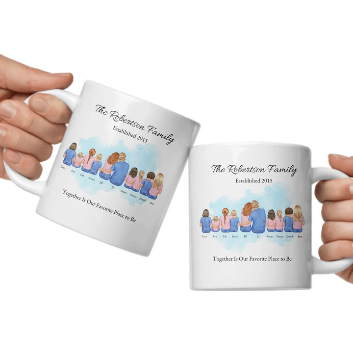 Custom family mug with illustrated portrait and names-ceramic mugs both sides in hands-ARTFULANE