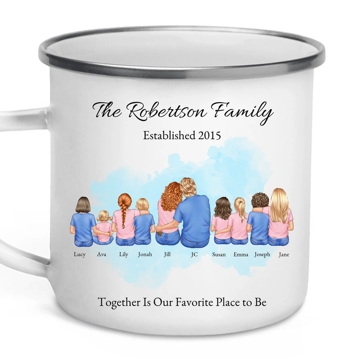 Custom family mug with illustrated portrait and names- enamel camping mug-ARTFULANE