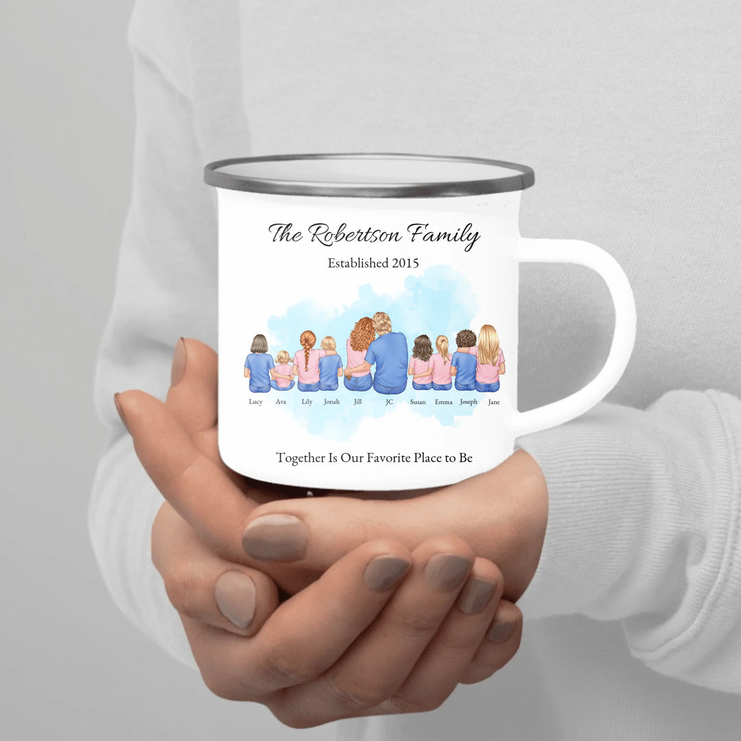 Custom family mug with illustrated portrait and names-enamel camping mug in hand-ARTFULANE