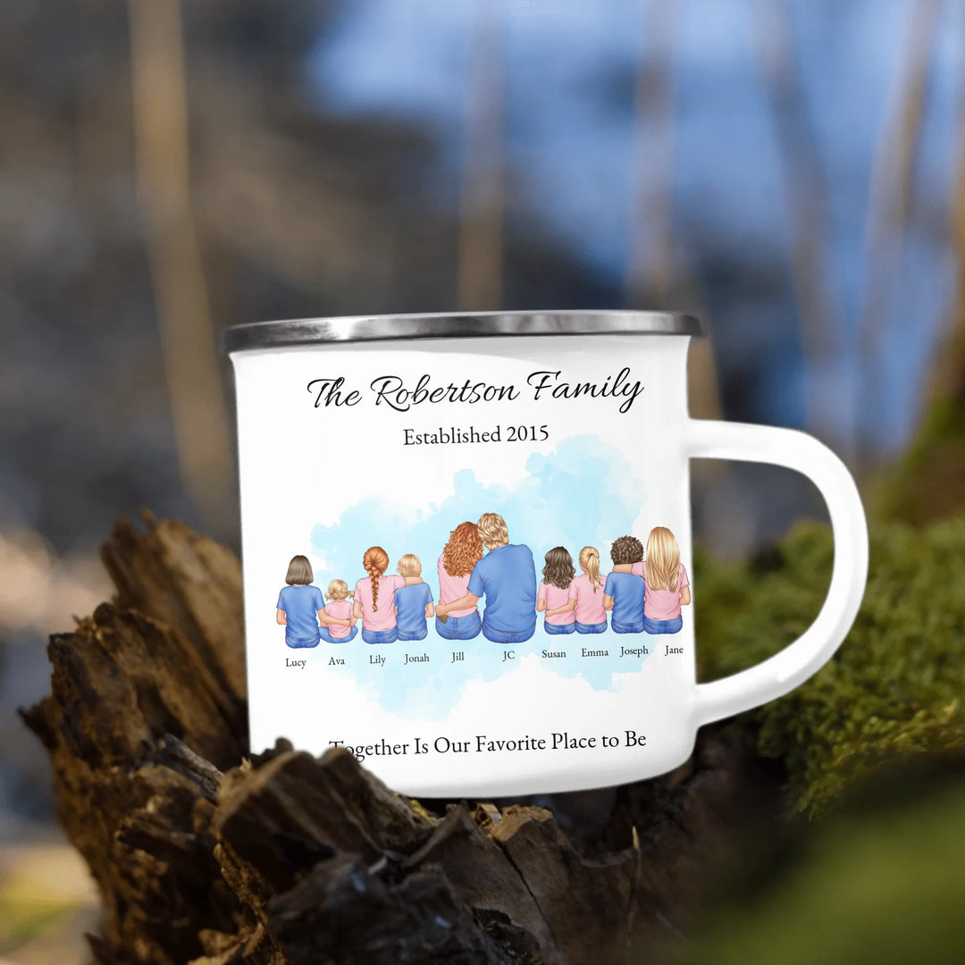 Custom family mug with illustrated portrait and names-enamel camping mug outdoors-ARTFULANE