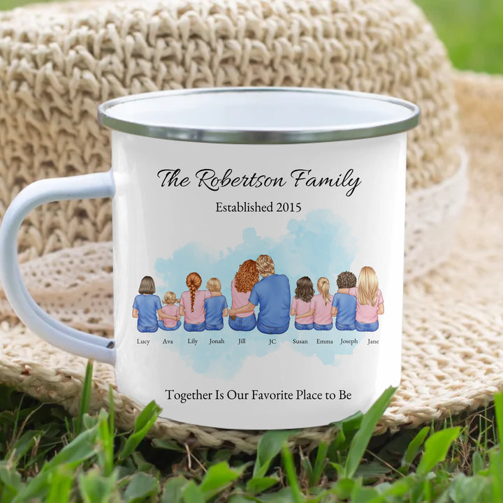 Custom family mug with illustrated portrait and names-enamel camping mug lifestyle-ARTFULANE