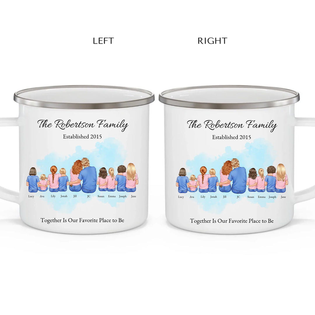 Custom family mug with illustrated portrait and names-enamel camping mug 2 views-ARTFULANE