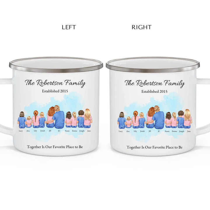 Custom family mug with illustrated portrait and names-enamel camping mug 2 views-ARTFULANE