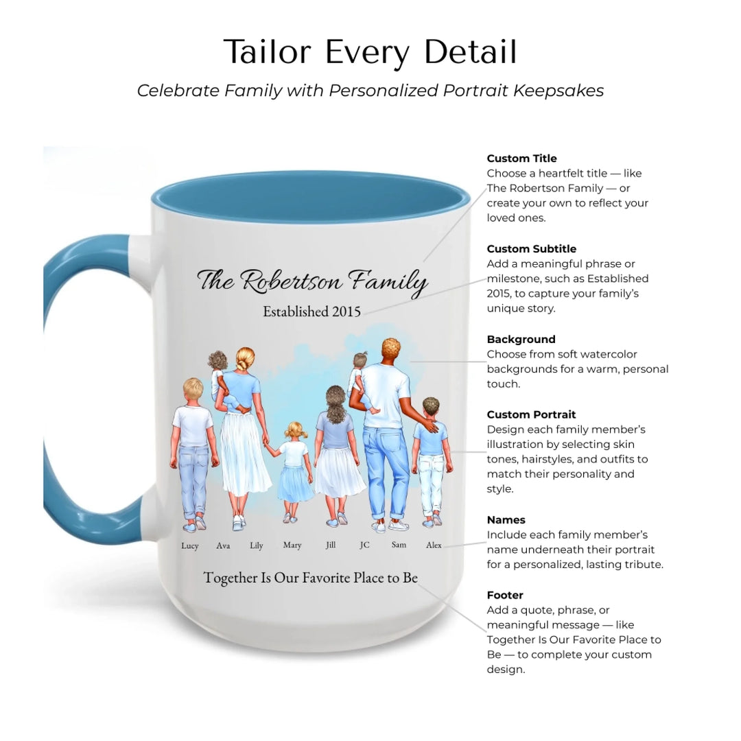 Personalized standing family portrait mug with names and watercolor background -Mug Customization Options-ARTFULANE