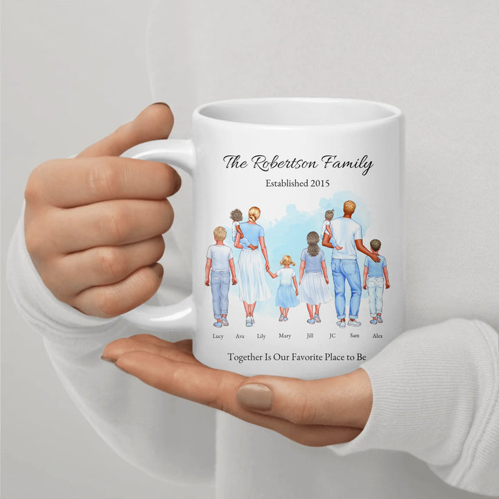 Personalized standing family portrait mug with names and watercolor background -ceramic mug in hand-ARTFULANE