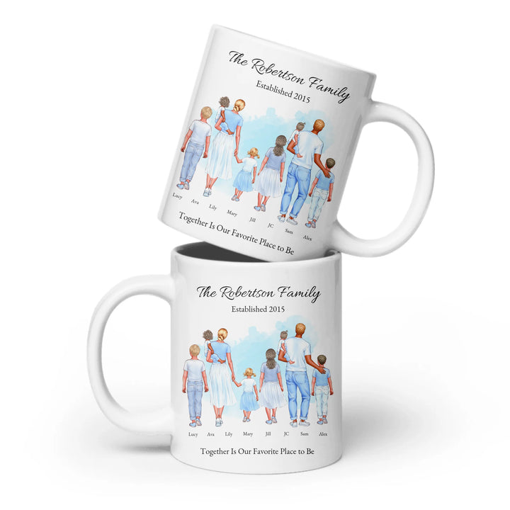 Personalized standing family portrait mug with names and watercolor background -ceramic mug both sides-ARTFULANE
