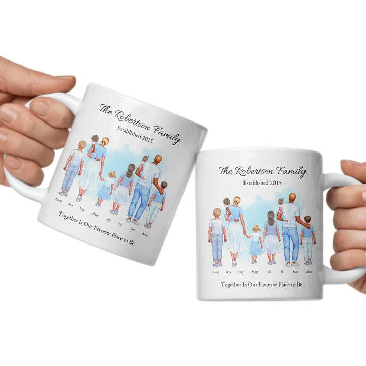 Personalized standing family portrait mug with names and watercolor background -ceramic mugs both sides in hands-ARTFULANE