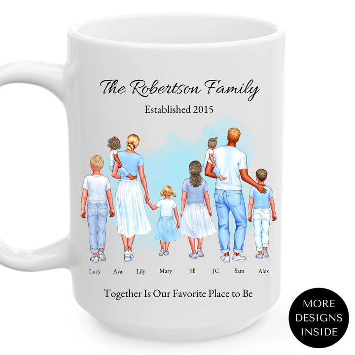 Personalized standing family portrait mug with names and watercolor background -ARTFULANE
