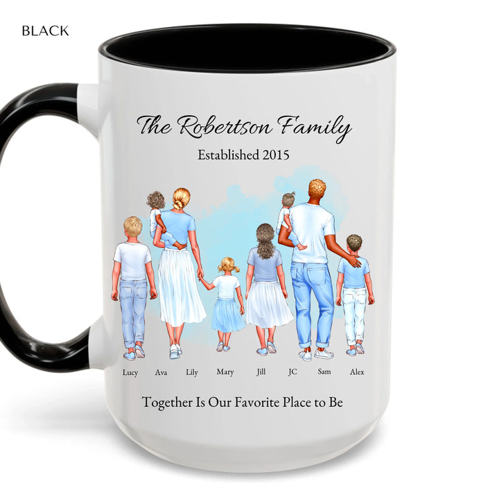 Personalized standing family portrait mug with names and watercolor background -accent coffee mug with black handle-ARTFULANE