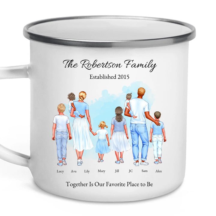 Personalized standing family portrait mug with names and watercolor background -enamel camping mug-ARTFULANE